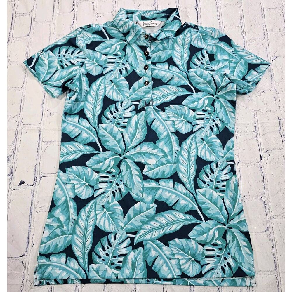 Kenny Flowers Teal & Navy Tropical Leaf Polo - Picture 1 of 10